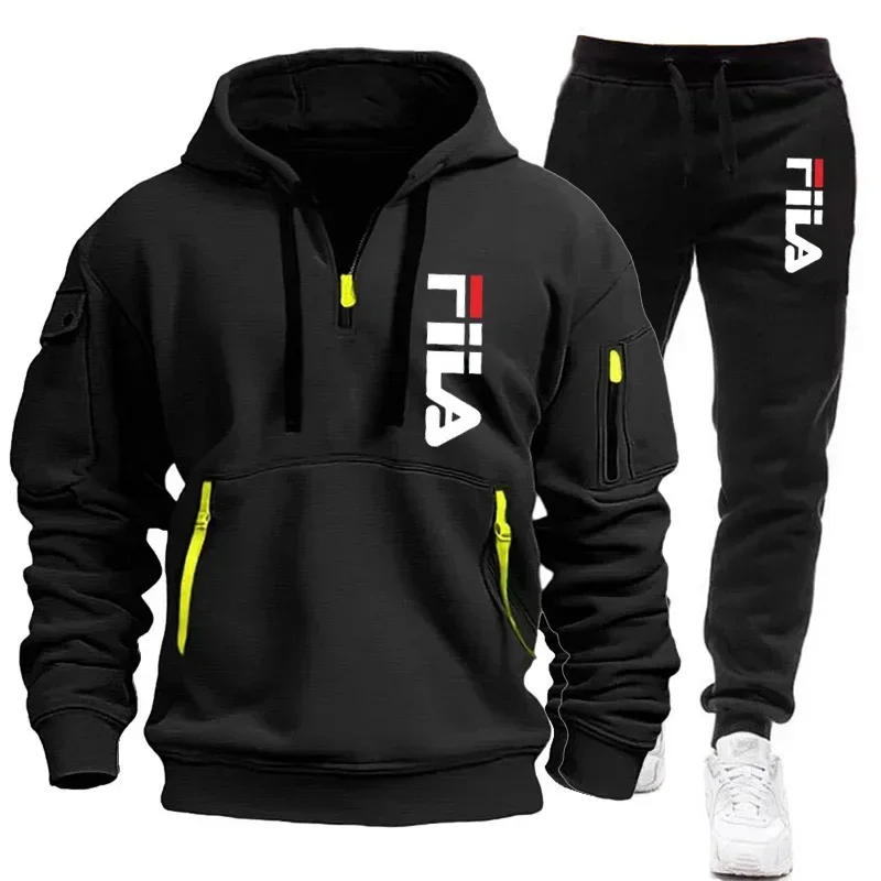 2026 Autumn and winter new men's multi pocket zipper hooded sports shirt+pants two-piece set, men's casual pullover sports set - Image 3