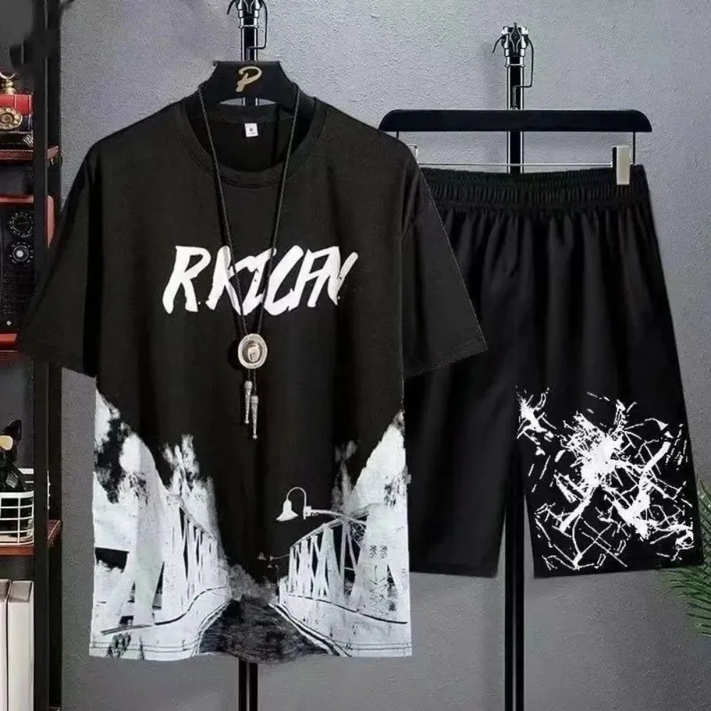 2025 New Summer Casual Men's Breathable Manga Graffiti Round Neck T-shirt Shorts Set Outdoor Leisure Sports Set - Image 2