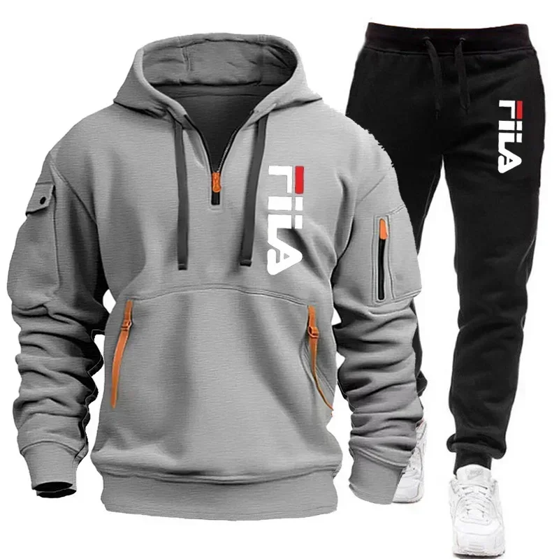 2026 Autumn and winter new men's multi pocket zipper hooded sports shirt+pants two-piece set, men's casual pullover sports set - Image 5