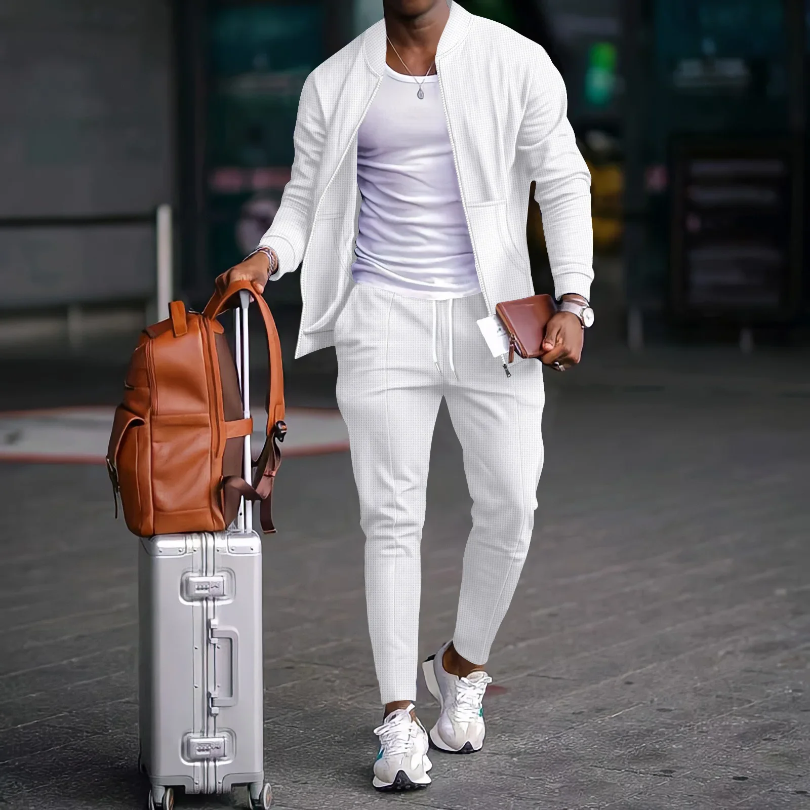 Men's Spring Casual Blazer Set Waffle Baseball Suit round Neck Zipper Long Sleeve Two-Piece Fashion Outfit with Pocket - Image 5