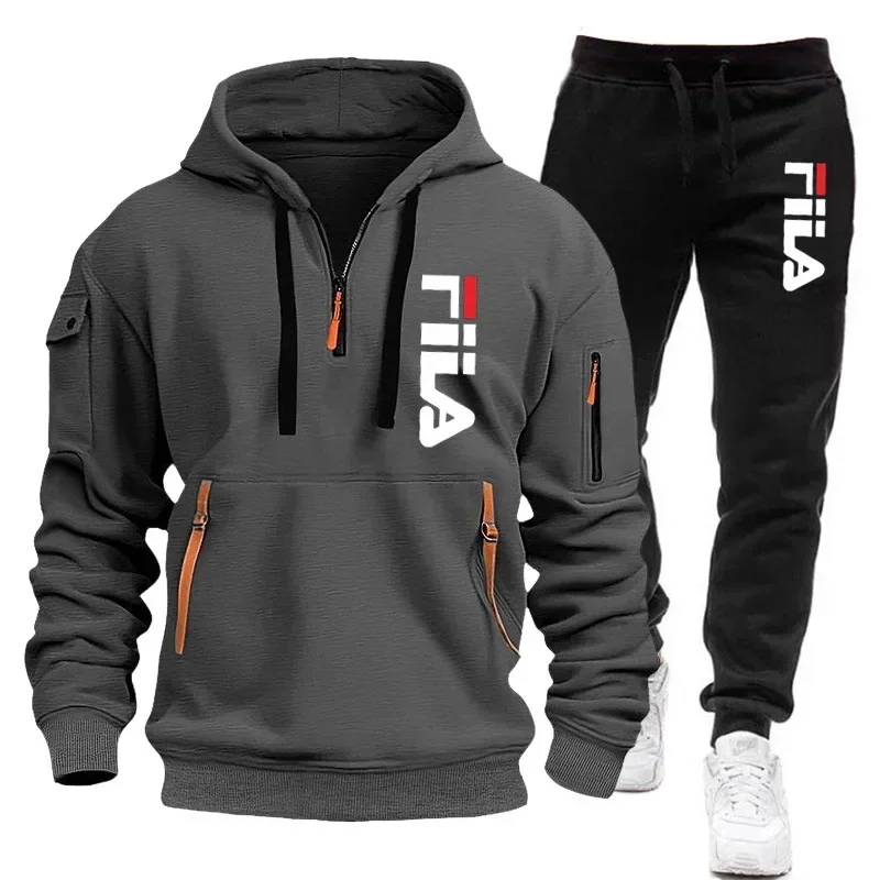 2026 Autumn and winter new men's multi pocket zipper hooded sports shirt+pants two-piece set, men's casual pullover sports set - Image 4