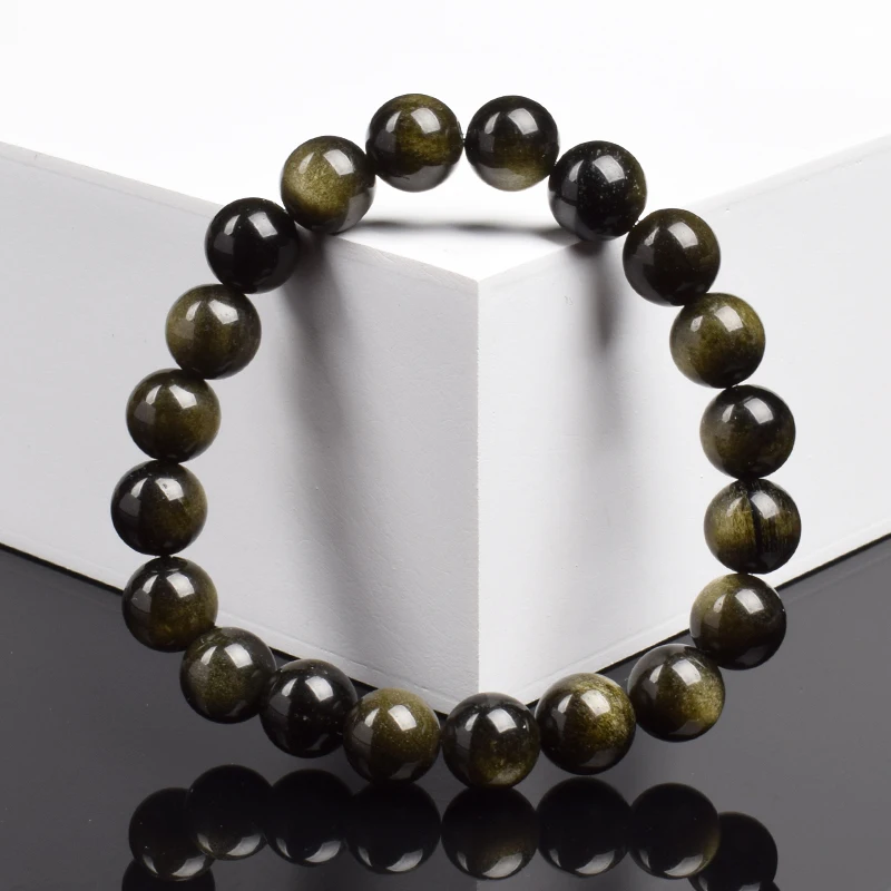 Natural Golden Obsidian Stone Beads Bracelet Men Women Golden Light Rainbow Obsidian Raw Stone Round Bead Natural Energy Jewelry - Image 3