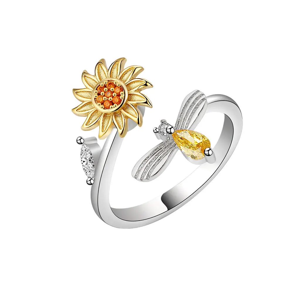 VENTFILLE 925 Sterling Silver Sunflower Diamond Zircon Rotatable Ring For Women Gift Relieve Stress Ring Jewelry Wholesale - Image 5