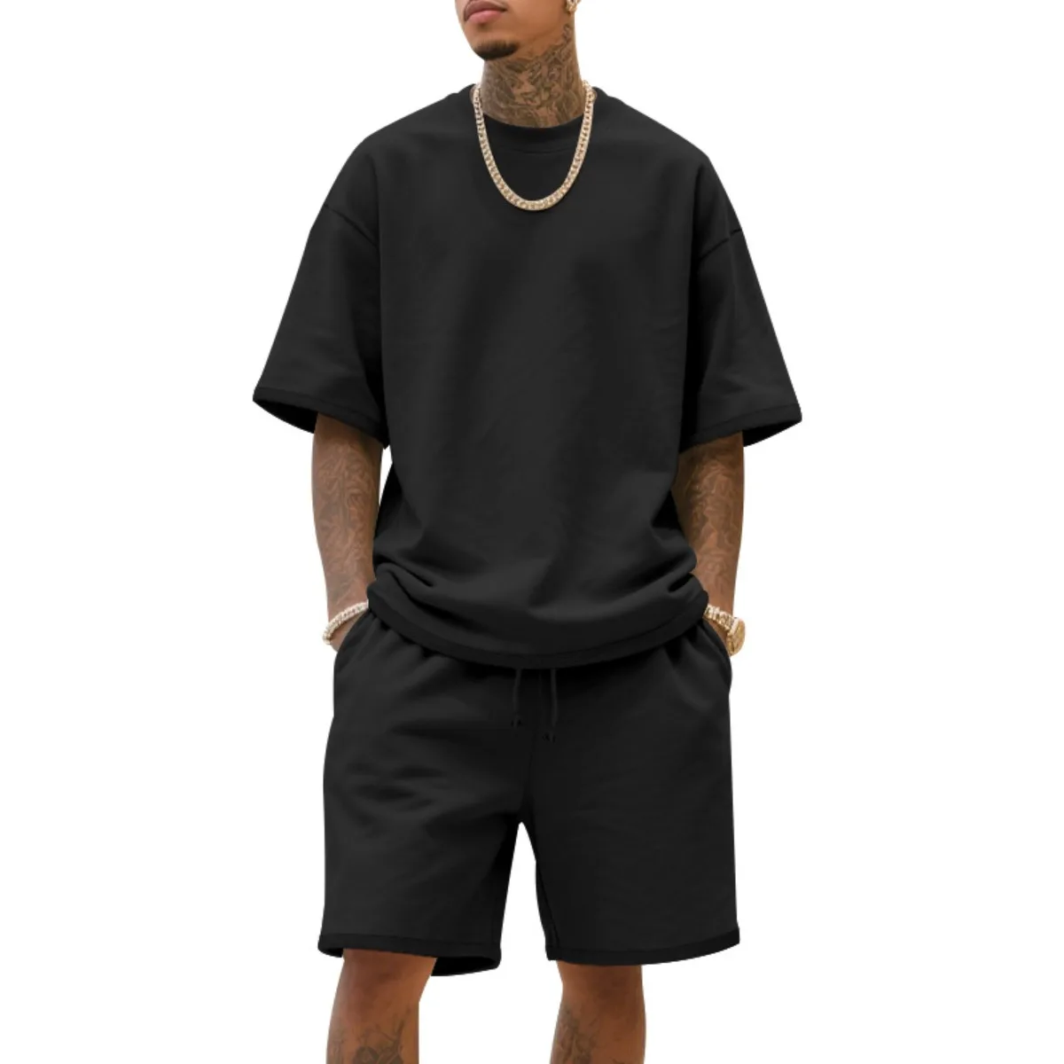 2025 100% Cotton Men's Summer American-Style Loose High Street Hip-Hop Sport Short-Sleeved Set with Shorts - Image 3