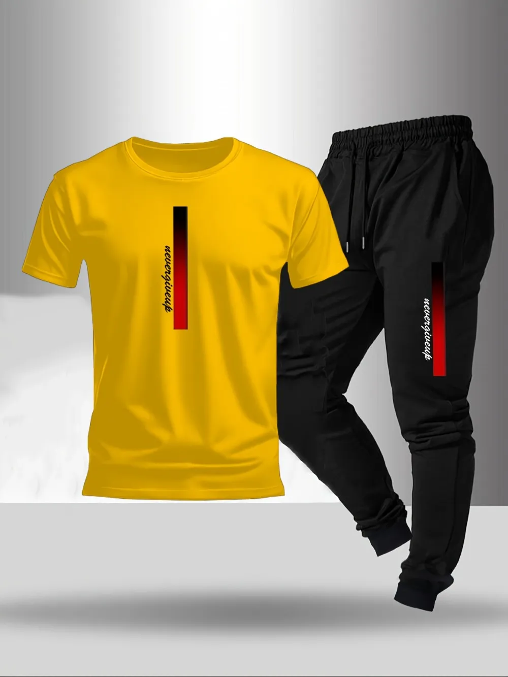 New men's fashionable letter gradient printed breathable T-shirt and drawstring pants set suitable for outdoor casual wear - Image 4