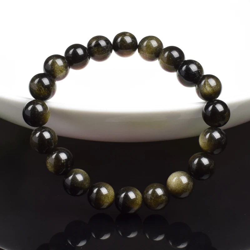 Natural Golden Obsidian Stone Beads Bracelet Men Women Golden Light Rainbow Obsidian Raw Stone Round Bead Natural Energy Jewelry - Image 4
