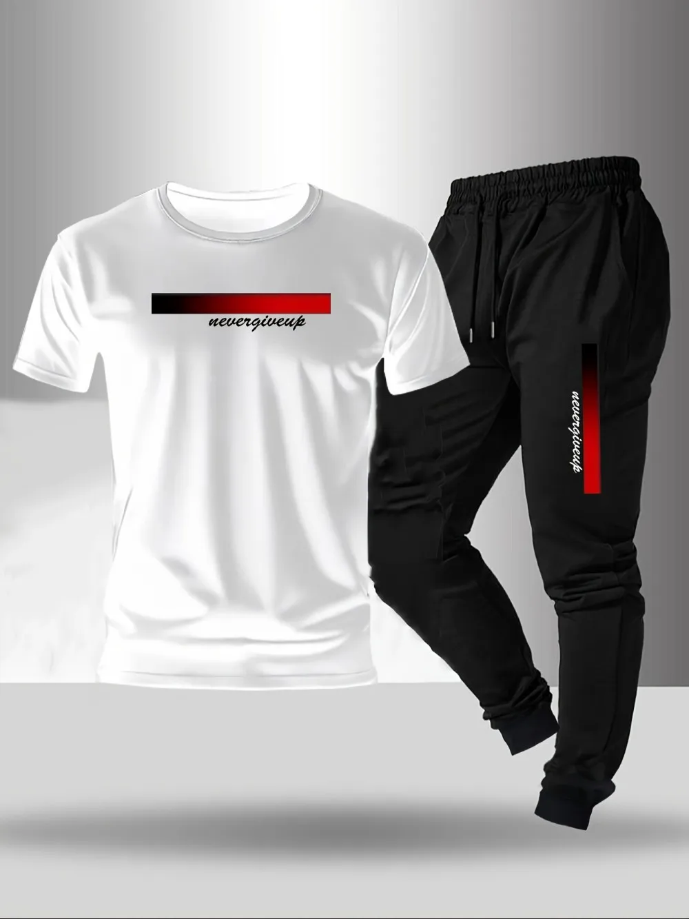 New men's fashionable letter gradient printed breathable T-shirt and drawstring pants set suitable for outdoor casual wear - Image 2