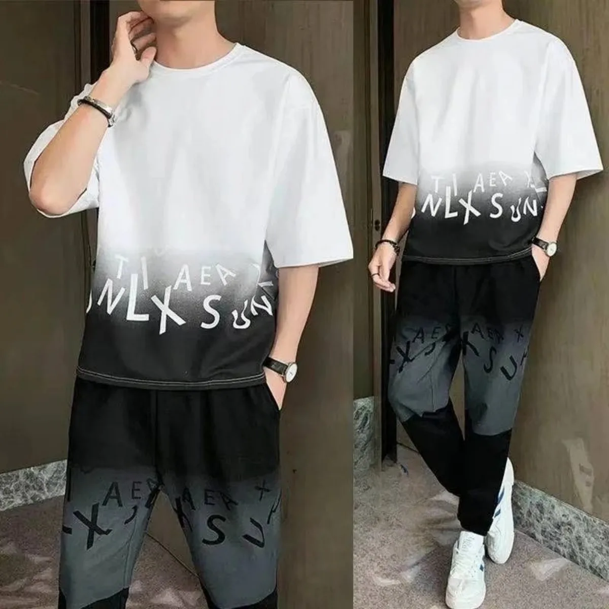Summer men's gradient letter print pattern breathable round neck T-shirt pants set outdoor casual two-piece set - Image 3