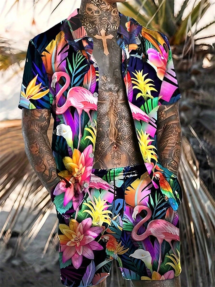 Men's New Hawaiian Short-Sleeved Shirt Shorts Set Summer Daily Travel Shirt Beach Casual Drawstring Shorts Jungle Print Set - Image 2